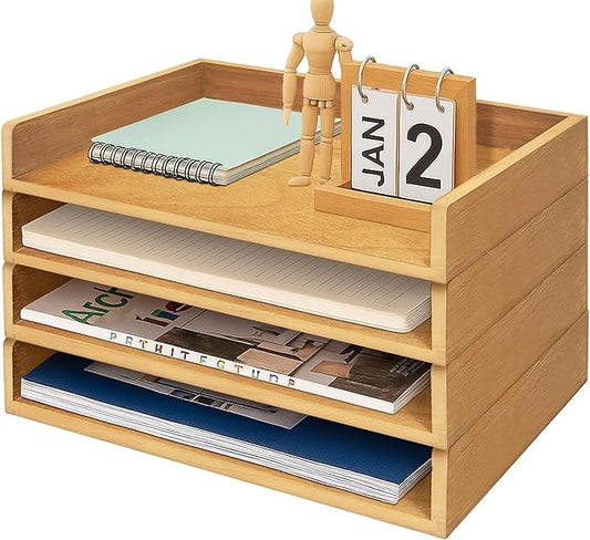 PROLEE Wooden Paper Tray Organizer for Desk, Stackable Paper Holder and Letter Tray, 4-Tier Desktop File Storage Rack for Study,Home and Office (Oak, 14" x 9.5" x 2.5")