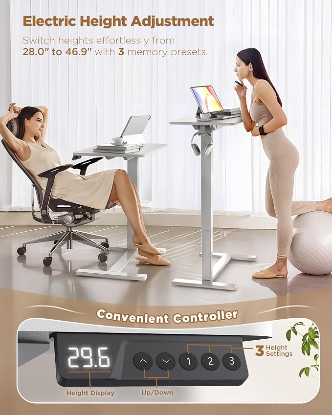 Overbed Bedside Table with Wheels, Electric Standing Desk Adjustable Height, Small Computer Desk for Home Office, Rolling Laptop Desk for Bed, Sofa, or Hospital Use (28"x16",White)