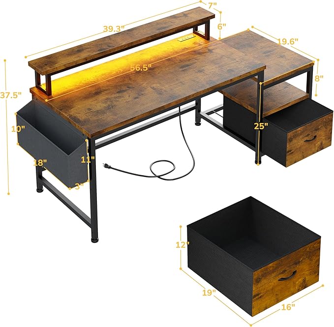 EnHomee 56.5" Office Desk with Drawers and Printer Space,Computer Desk with Power Outlets,Home Office Desks with File Drawers Cabinet,Study and Gaming Desk with Shelves Monitor Stand,Rustic Brown