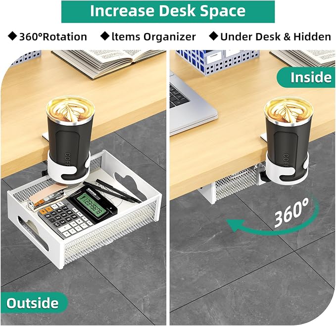 CABTE Desk Cup Holder with Drawer Organizer, Anti-Spill Clip-On Table Cup Hook with 360° Rotation Hidden Storage Box for Office Home Gaming Table (White)