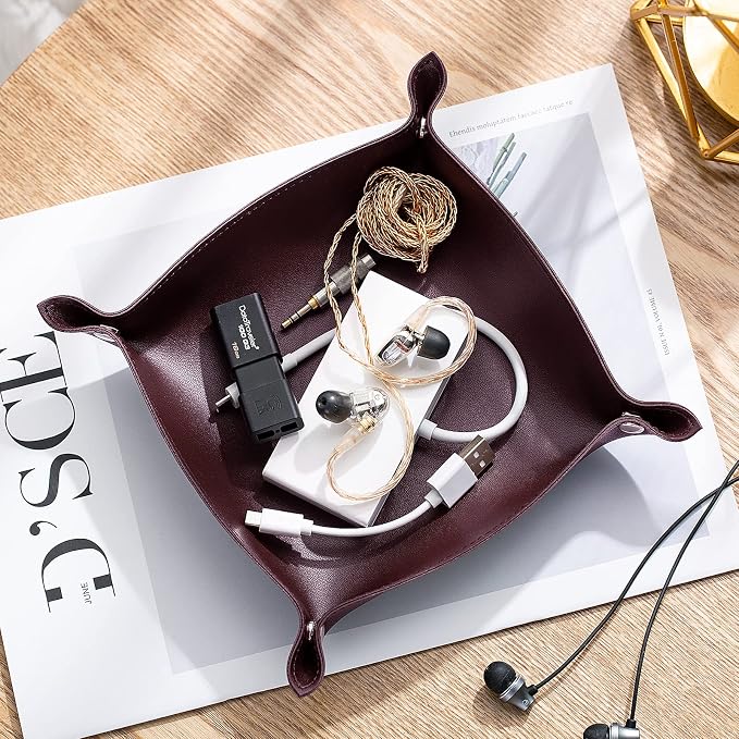 Leather Jewelry Valet Tray for Women and Man, Portable Entryway Table Tray Bedside Nightstand Desk Tray Small Catchall Travel Dish Plate for Key,Wallet,Watch,Coin(8x8, Deep Brown-B)