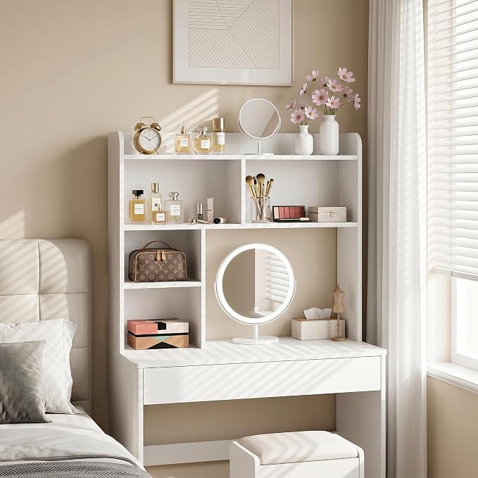SUPER DEAL Desktop Bookshelf, Countertop Storage Hutch with 3 Shelves for Computer Desk, 2-Tier Display Rack, Multipurpose Wood Desk Hutch Storage Organizer for Home Office Dorm, White