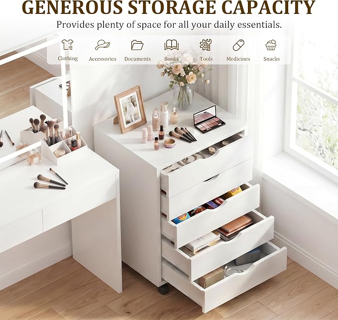5 Drawer File Cabinet, Under Desk Storage Organization with Wheels, Mobile Filing Chest for Small Desk Printer Stand for Home Office, White