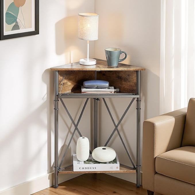 VECELO 3-Tier Corner Table,Mesh Door Cabinet and Open-Shelf,Corner Shelf Stand,Metal Frame Storage Shelf Organizer Display Shelves for Bedroom,Lobby Corner,Living Room,Kitchen,Bathroom