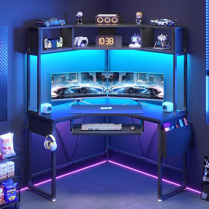 SEDETA Corner Desk, 39" W x 62" H Small Office Desk with Hutch & LED Lights, Triangle Gaming Computer Desk with Keyboard Tray, Storage Bag, and Headphone Hook for Small Space, Black