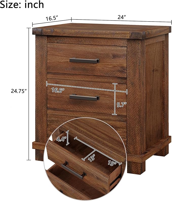 Knocbel Farmhouse Nightstand with 3 Storage Drawers, Reclaimed Pine Wood Bedside Table Night Stand Sofa Side End Table with Antique Metal Handles, Fully Assembled (Natural 2-Piece)