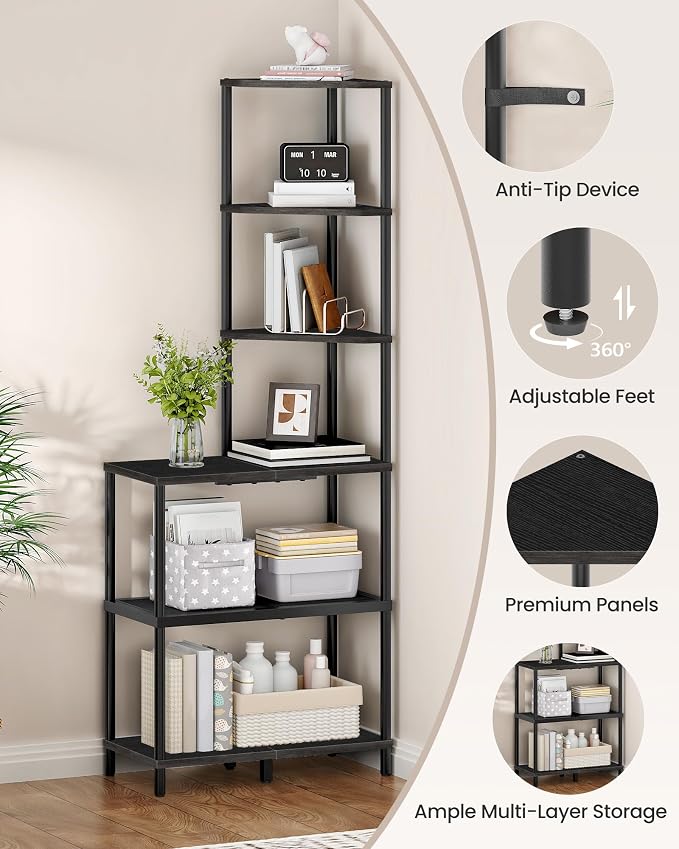 CHOEZON 6-Tier Corner Shelf, Industrial Corner Bookshelf with Desk Top, Diamond-Shaped Storage Shelves, Display Stand for Small Spaces, Living Room, Home Office, Foyer, Black TCJ70BB