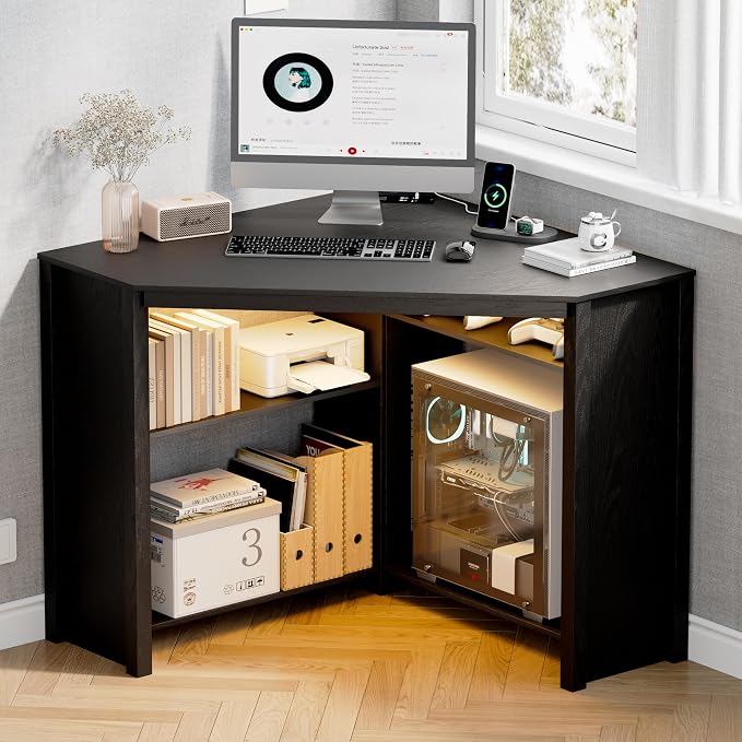 Corner Desk with Charging Station & LED Light, Triangle Corner Desk with CPU Stand & Storage Shelves, Gaming Computer Desk for Home Office -Black