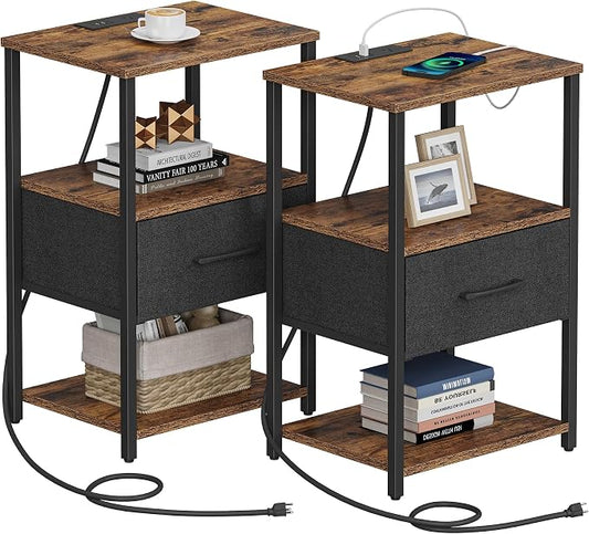 TUTOTAK Nightstand Set of 2, Night Stand with Charging Station, End Table, Bedside Table with Fabric Drawer, Side Table for Livingroom and Bedroom, Brown TB01BB0692