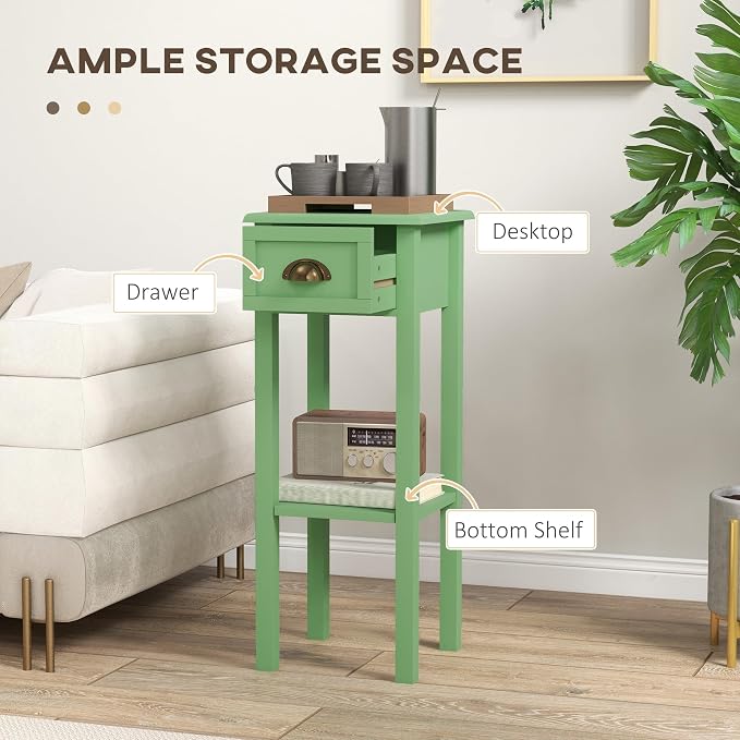 HOMCOM Narrow End Table with Drawer and Bottom Shelf, Slim Side Table for Small Spaces, Skinny Modern Accent Desk for Living Room, Set of 1, Green