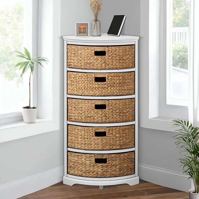 eHemco Hampton Meadows 5 Tier X-Side Corner Storage Cabinet with 5 Wicker Baskets, White