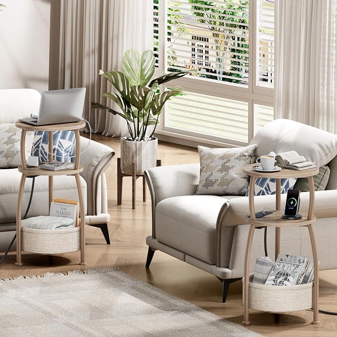Side Table with Charging Station, Small Round End Table with Basket, USB and Type C Port, 3 Tiers Sofa Couch Table Bedside Table for Living Room Bedroom, Small Spaces, 11.81in Light Oak