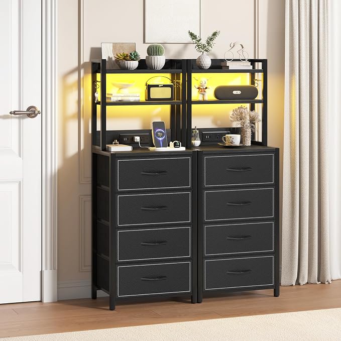 Tall Nightstand with LED Light, LED Night Stand with Charging Station and USB Type C Port, Bedside Table with 4 Fabric Drawers for Bedroom, Dorm, Office (Black)