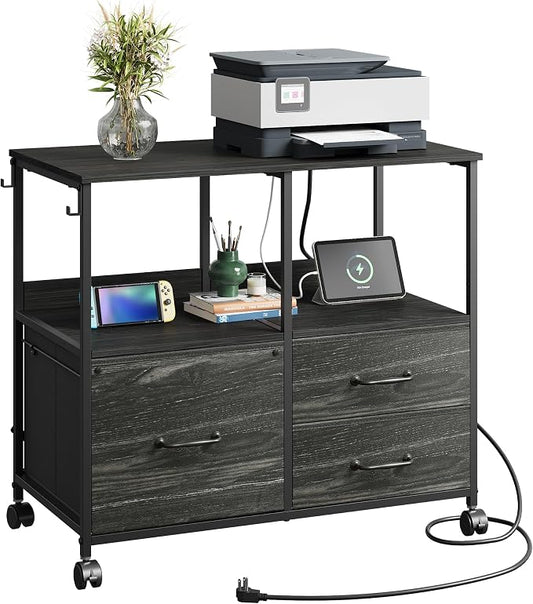 DEVAISE 3 Drawer File Cabinet with Charging Station, Rolling Printer Stand for Office Storage, Mobile Filing Cabinet fits Under Desk Storage, Charcoal Black Wood Grain Print
