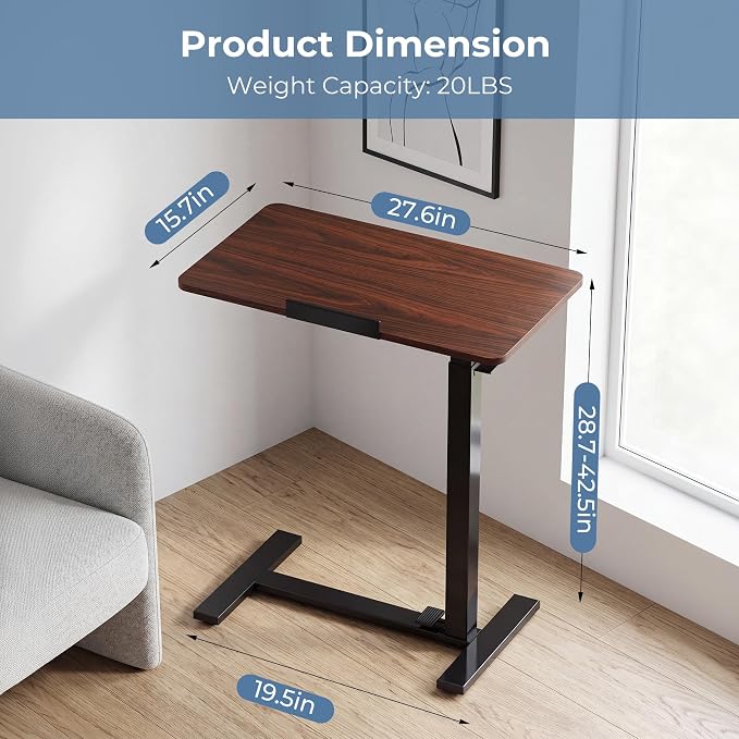DUMOS Adjustable Rolling Desk, Mobile Overbed Bedside with Hidden Wheels, Portable Laptop Standing Desks Computer Workstation for Bed Sofa Couch, Chocolate
