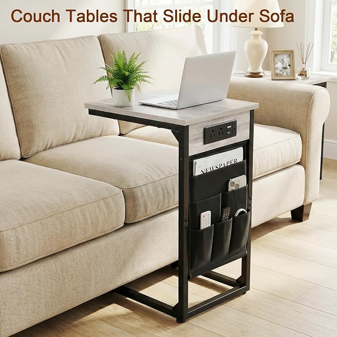 AMHANCIBLE C Shaped End Table with Charging Station, Couch Side Tables that Slide Under Sofa with Storage Bag, Slim TV Tray with USB Ports and Power Outlets for Living Room, Bedroom, Grey HET04CGY