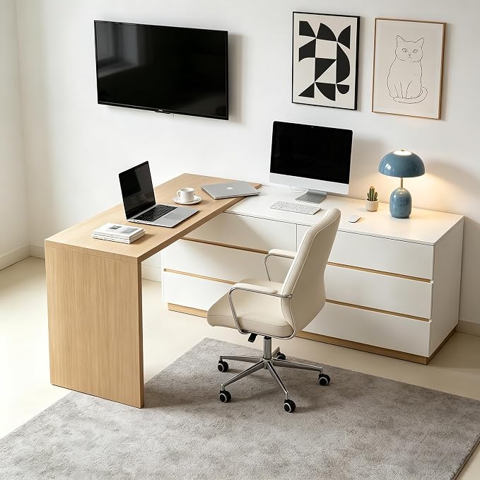 Retractable L-Corner Computer Desk with 6 Organizer Drawers for Games, Make-up, Home Office, Log