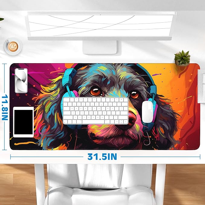 Gaming Desk Mat with Silky Smooth Surface & Exquisite Patterns,31.5x11.8 Inches Large-Sized Mouse Pad, Perfect for Extended Gaming,Work,and Home Office Decor (Cool Dog Head 1)