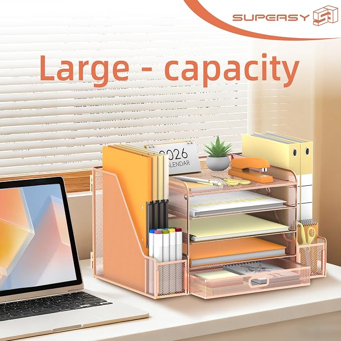 SUPEASY Mesh Desk Organizer with File Holder, 5-Tier Paper Letter Tray Organizer with Magazine Holder, Desktop Organizer and Storage with Drawer for Office Supplies Home or School (Rose Gold)