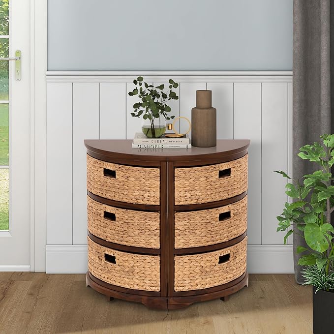 eHemco Hampton Meadows 3 Tier X-Side Corner Table Storage Cabinet with 3 Wicker Baskets, Walnut