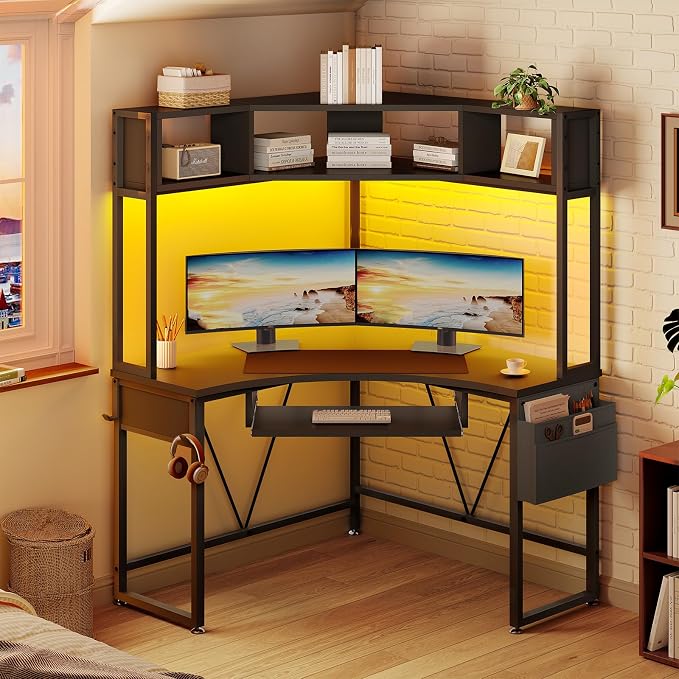 SEDETA Corner Desk, 39" W x 62" H Small Office Desk with Hutch & LED Lights, Triangle Gaming Computer Desk with Keyboard Tray, Storage Bag, and Headphone Hook for Small Space, Black