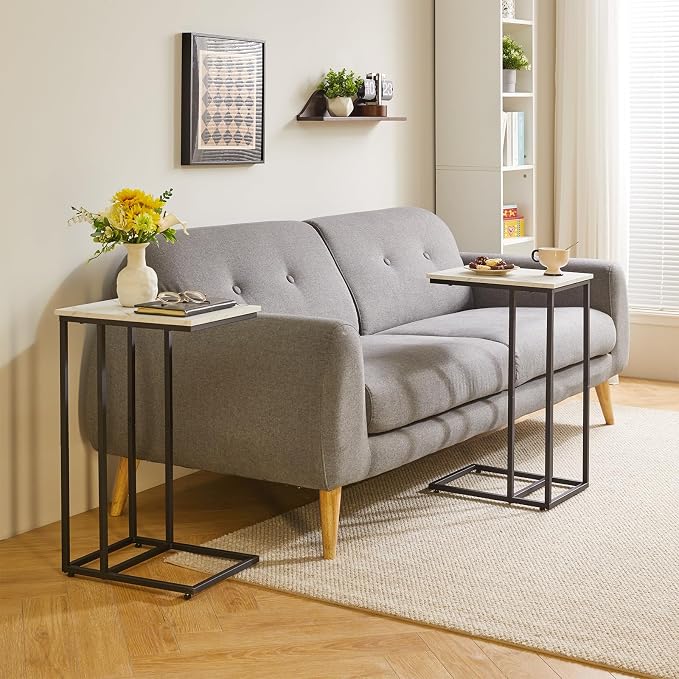 Aibiju C-Shaped Side Table Small End Table, Slide Under Laptop Desk for Couch, Living Room Side Table Set of 2, TV Trays for Eating on Couch, Faux Marble and Black YD-TM051B-2