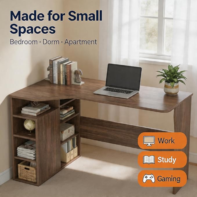 IDEALHOUSE Walnut L Shaped Desk for Small Spaces, Reversible Corner Desk with Storage Cabinet and 6 Adjustable Shelves, Wood Computer Desk for Home Office, Study, Writing, Gaming, Bedroom, Brown