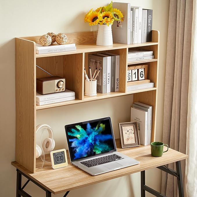 Nromant Desktop Bookshelf, Wooden Desk Storage Hutch with 6 Shelves for Computer Desk, 3-Tier Desktop Display Organizer Rack for Office Home (Natural)