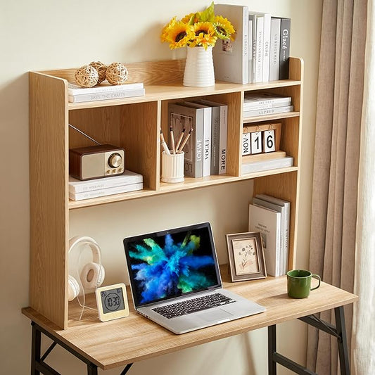 Nromant Desktop Bookshelf, Wooden Desk Storage Hutch with 6 Shelves for Computer Desk, 3-Tier Desktop Display Organizer Rack for Office Home (Natural)