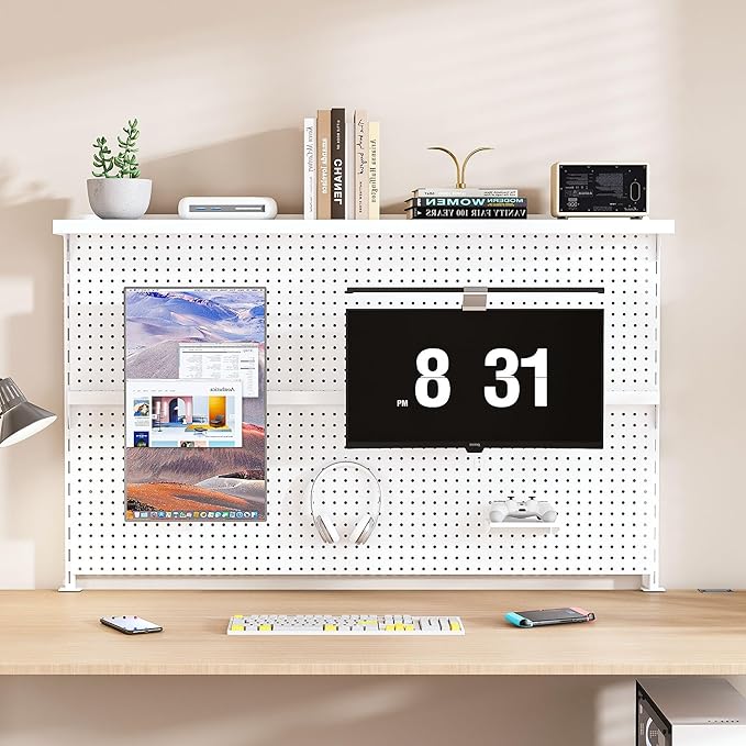 Clamp-On Metal Desk Pegboard with Dual Monitor Stand–No Drilling Needed! 59x35 Inch Steel Privacy Panel with Hooks & Movable Partition, Peg Board Wall Organizer for Gaming & Office