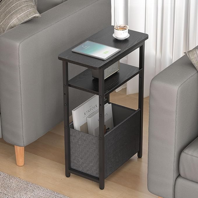 sthmec Narrow Side Table, Skinny End Tables with Fabric Basket, Small Side Tables for Small Space, 2-Tier Open Shelves with Basket, Slim Nightstands for Bedroom,Living Room,Office, Black