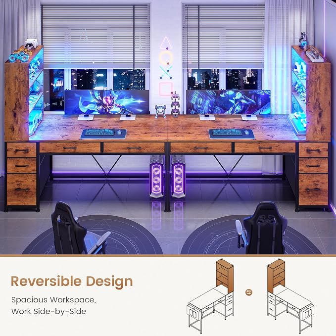 SEDETA Computer Desk with 5 Drawers and Bookshelf, Reversible Home Office Desk with Storage Shelves and File Drawer, Gaming Corner Desk with LED Lights for Small Spaces, Rustic Brown