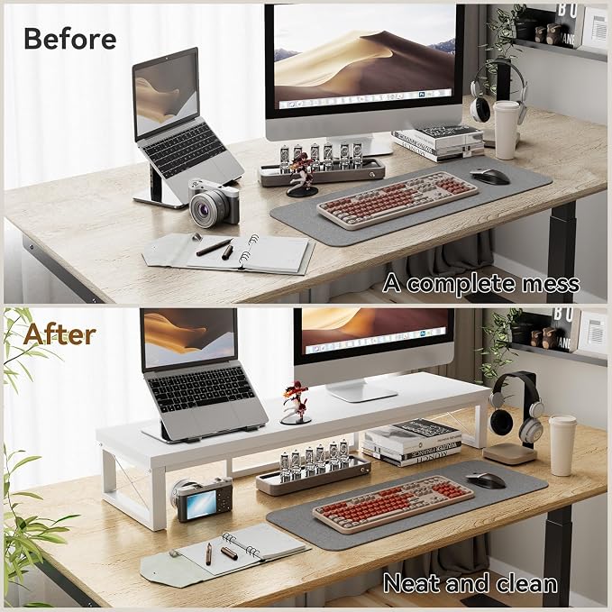 IBUYKE Large Dual Monitor Stand Riser for 2 Monitors, Wooden Desktop Computer Monitor Stand Storage Shelf and Steel Legs,Dual Screen Office Desk,Monitor Riser for Computer, Printer,Laptop,TV,White UTDJ002W