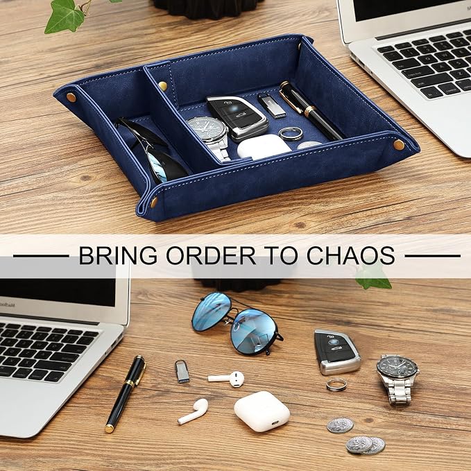 SITHON Valet Tray Desktop Storage Organizer, Removable 2 Compartments Catchall Tray Bedside Vanity Nightstand Caddy Holder Desk Storage Plate, Dark Blue