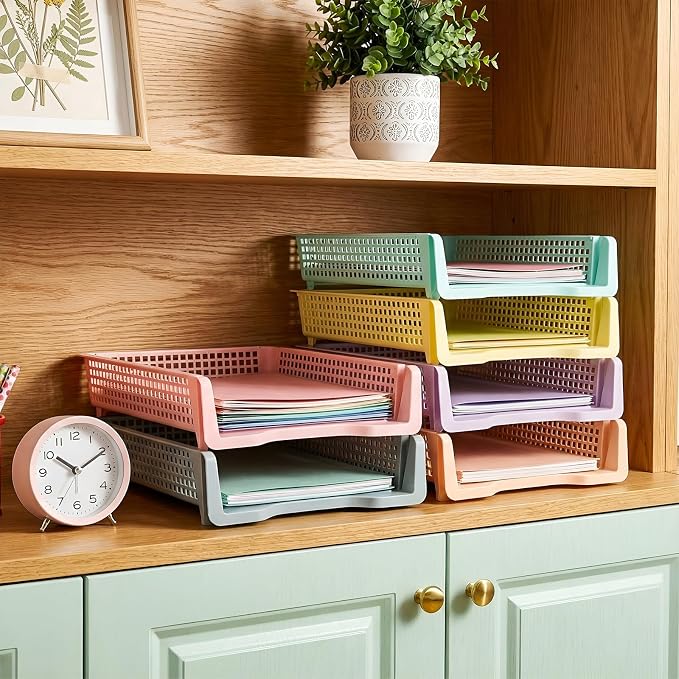 Tenceur 12 Pcs Turn in Trays Classroom, Stackable Tray for Classroom Plastic Storage Baskets Teacher Organizers for Library Drawers Office Desk, 13.3 x 9.5 x 2.7 Inches (Pastel Colors)