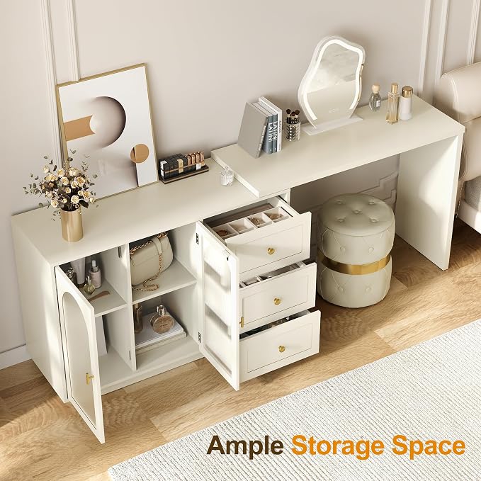 FansaFurn 83" Extendable Corner Vanity Desk, 3 in 1 Vanity with Rotatable Tabletop, Oversized White Makeup Table for Women Girls, 3 Drawer & 2 Door, Wood Dresser for Apartment, Bedroom, Home Office