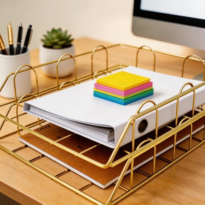 JIARI 2 Pack Desk Organizer Stackable Letter Tray Paper Organizer, Metal Desk Organizer Tray for Letter/A4 Paper Storage, for Office Supplies (Gold 2 Pack)