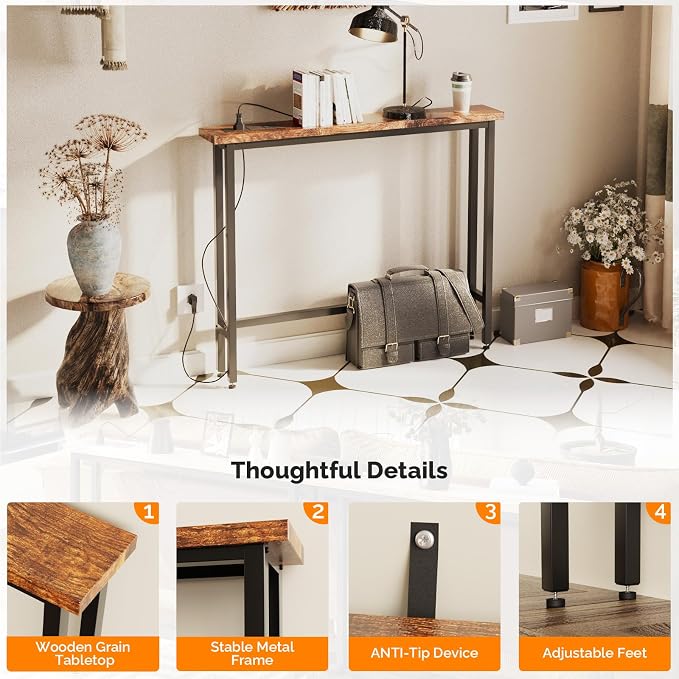 VINGLI 39" Console Table with Charging Station, 5.9" Narrow Sofa Table Behind Couch, Entryway Table with Power Outlet & 4.9 Ft Extension Cord & Adjustable Feet, for Living Room, Hallway, Rusitc Brown