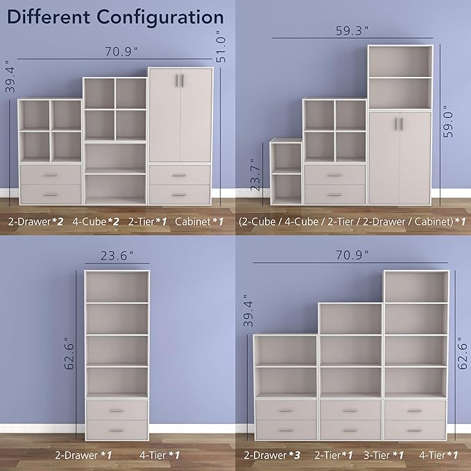 Homes: Inside + Out Apexa 6-Cube Storage Organizer Shelves, Stackable Wood Bookcase Fits Cubby Bins for Organization, Dorm Teen Room Decor & Home Office, Taupe Grey