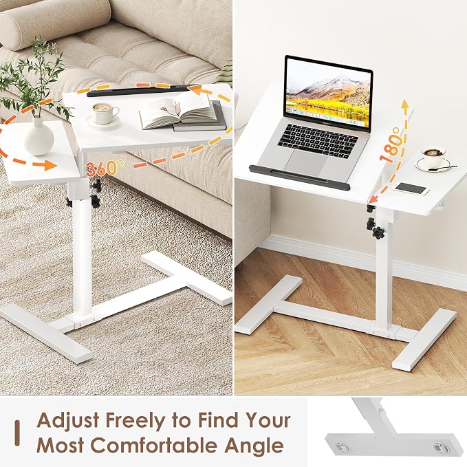 Laptop Desk Bedside Table with Wheels Laptop Stand for Couch Adjustable Tv Tray C End Table, Mobile Sofa Snack Table with Tiltable Top, White