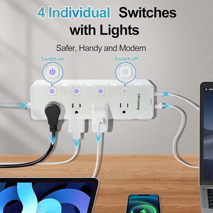 10 Ft Surge Protector Power Strip - 8 Widely AC Outlet 4 USB Ports(2 USB C), Flat Plug Extension Cord with Multiple Outlets, Individual Switches, Desk Extender for Dorm, Home, Office Essentials, 1400J