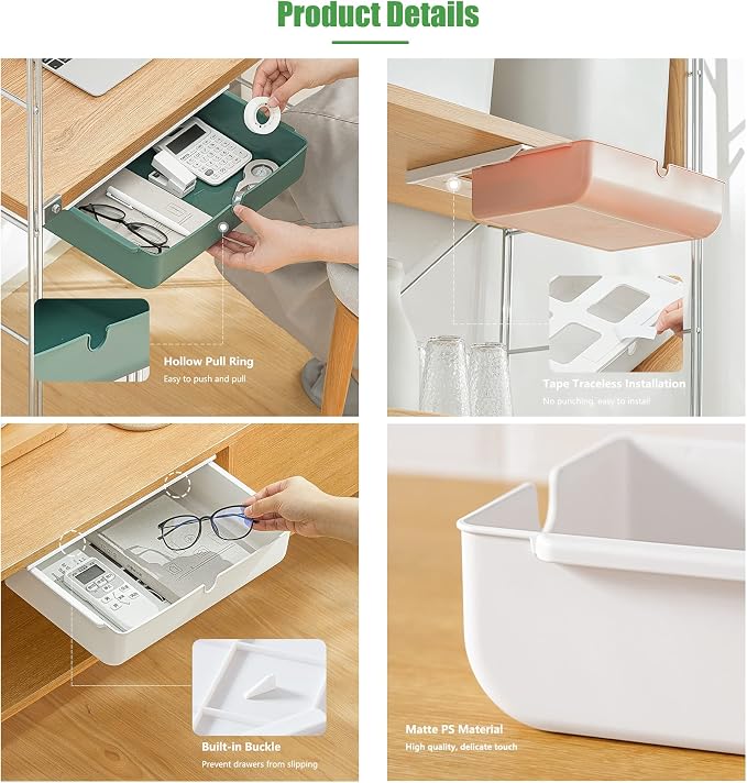 Under Desk Drawer, Large Self-Adhesive Under Desks Organiser, 13x9.2inch Hidden Under Desk Storage Box Cosmetics Case for Storage of Cutlery, Office Supplies, Stationery and Cosmetic (White)