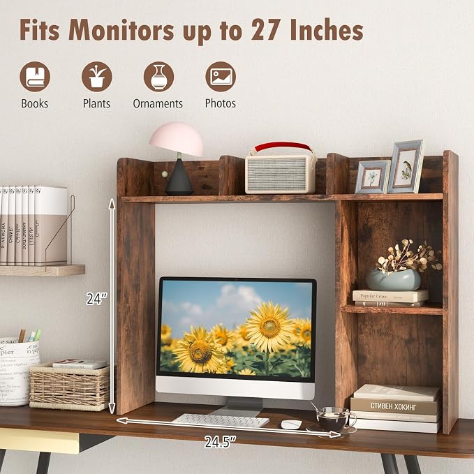 Giantex Desktop Bookshelf, Wood Desk Hutch Organizer for 27 Inch Computer Monitor, Countertop Storage Display Rack with 5 Shelves, Multipurpose Desktop Shelf Bookcase for Dorm Office Home, Brown