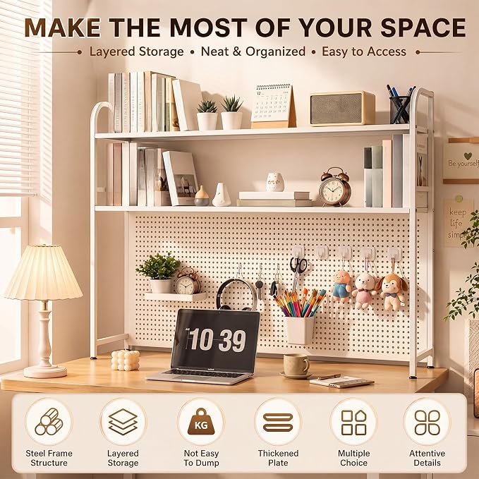 Leinuosen Desktop Shelf for Dorm Desk Hutch Bookshelf with Pegboard and Hooks 2 Tier Organizer Countertop Storage Bookcase Metal Hutch Display Rack with Hooks for Home Office College Dorm