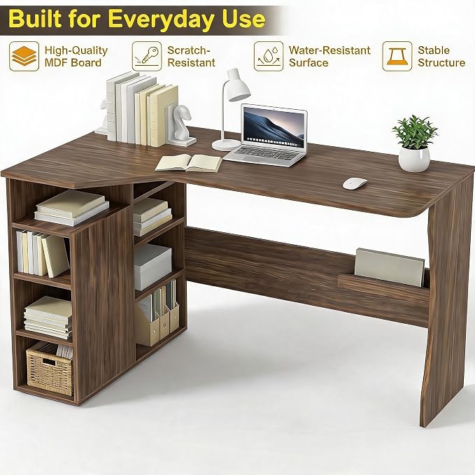 IDEALHOUSE L Shaped Desk with Storage Shelves, Small Corner Desk for Small Spaces, Reversible Table with 3 Tier Shelves, Home Office, Writing Study Gaming Desk, Walnut Wood