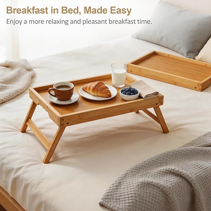 Breakfast Tray with Folding Legs Set of 2, Bamboo Bed Tray Table 15.7" Foldable TV Dinner Tray with Ergonomic Wave Handles for Bed Couch Sofa, Breakfast, Snacks, Coffee, Natural