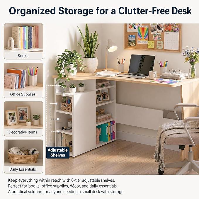Garvee L Shaped Desk with Storage Shelves, Small Corner Desk for Small Spaces, Corner Table with 3 Tier Shelves, Home Office, Writing Study Gaming Desk Oak Wood