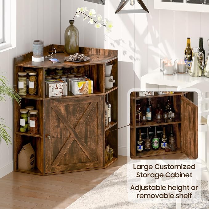 Halitaa Corner Storage Cabinet, Farmhouse Corner Bookshelf with Storage 6-Cubby Wooden Cabinet with USB Ports and Outlets Industrial Organizer for Small Space, Study, Playroom, Living Room