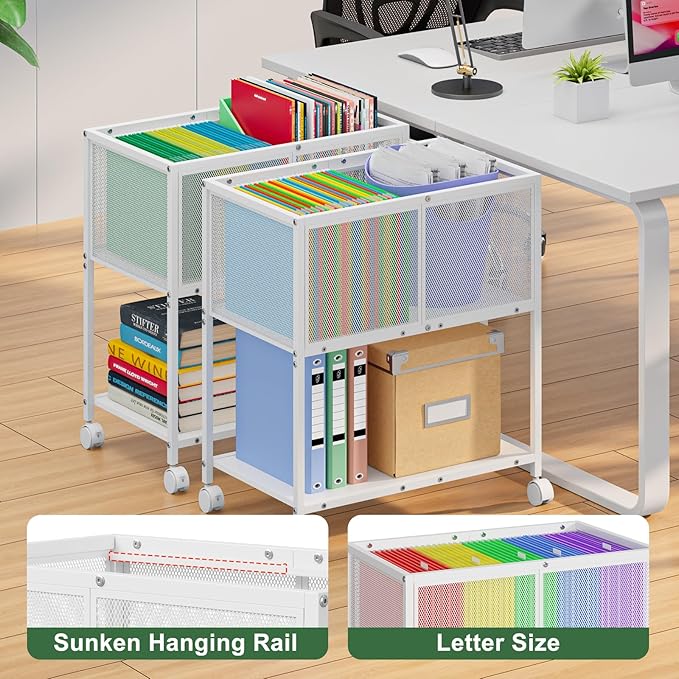 Sbanmao Rolling File Cart, Mobile File Cabinet with Wheels Hanging Files, Metal Hanging File Folder Cart File Organizer Fit Letter Size for Home Office, White