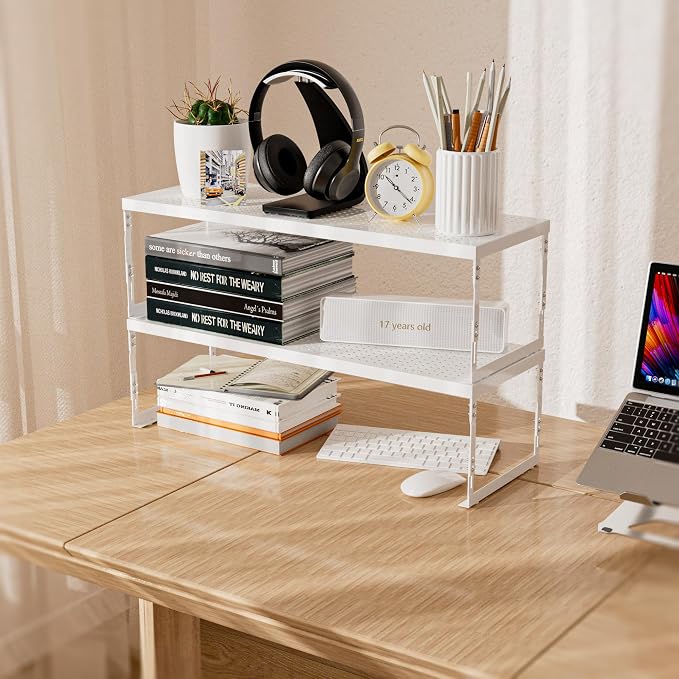 Stackable Expandable Metal Shelf Organizer - Adjustable Wire Storage Rack with Holes for Kitchen, Bathroom, Cabinet, Office - Space Saving, Durable & Sturdy Design（3PACKS/Large/White